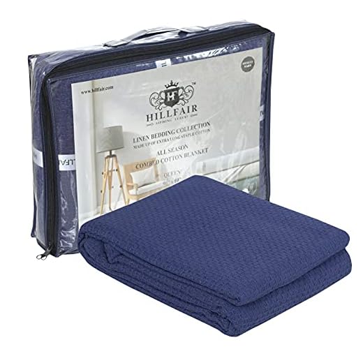 HILLFAIR 100% Cotton Blanket King Size 90"x108" - Luxury Decorative Soft Breathable Skin-Friendly Cotton Bed Blankets for All Season- Perfect Textured Blanket Layer for Couch Bed Sofa- Blue King