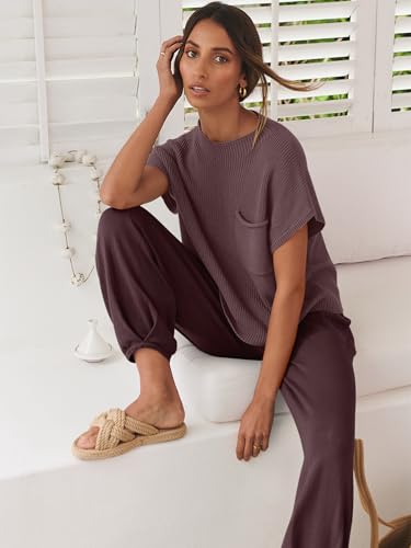Image of ANRABESS Women's Two Piece Outfits Sweater Sets Knit Pullover Tops and High Waisted Pants Tracksuit Lounge Sets