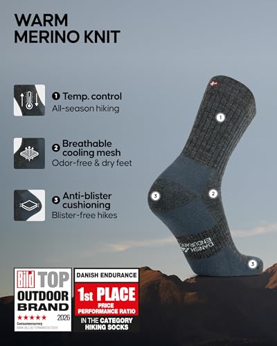 Image of DANISH ENDURANCE Premium Hiking Socks, Merino Wool, Thermal Socks, Men & Women 2 Pack