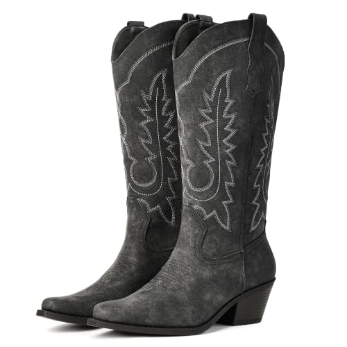 Image of Women's Pointed Toe Mid Calf Cowboy Boots - Cowgirl Boots with Chunky Heel
