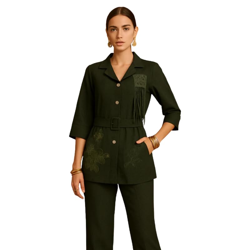 Women's Button-Front Shirt & Trouser Co-ord Set, Green-image-34