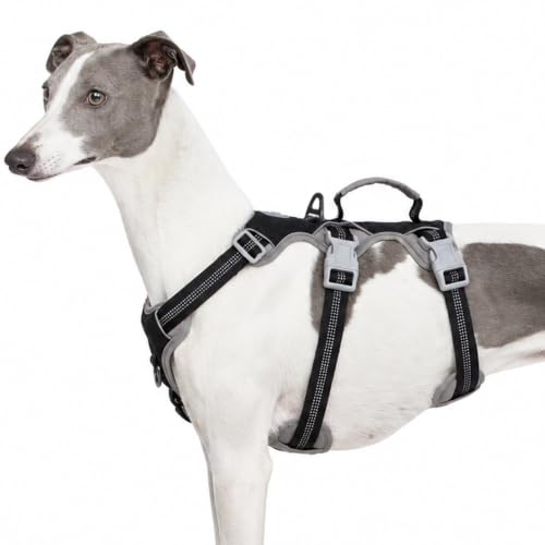 Image of Huntboo Escape Proof Dog Harness, Escape Artist Harness, Reflective Harness with Padded Handle, Breathable, Durable, Adjustable Vest for Medium Dogs Walking, Training, and Running Gear (Black, L)