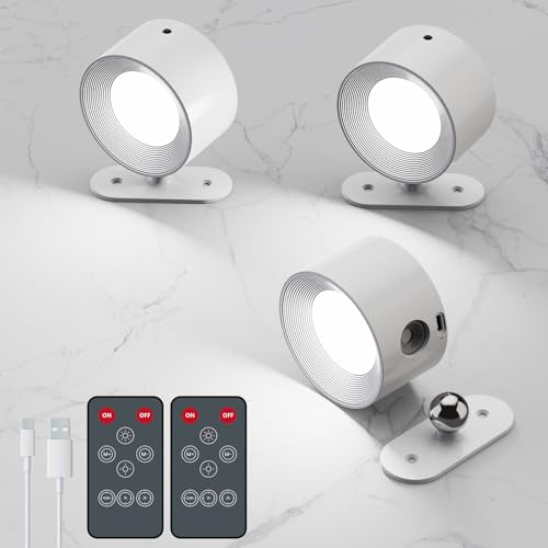 AKSDA 3Pack Battery Operated Wall Sconce, 3 Color Modes 3 Brightness Levels 360°Rotation Lighting Timer Touch & Remote Control, Wall Mounted Lamp LED Wall Lights for Bedroom Reading Bedside (White)