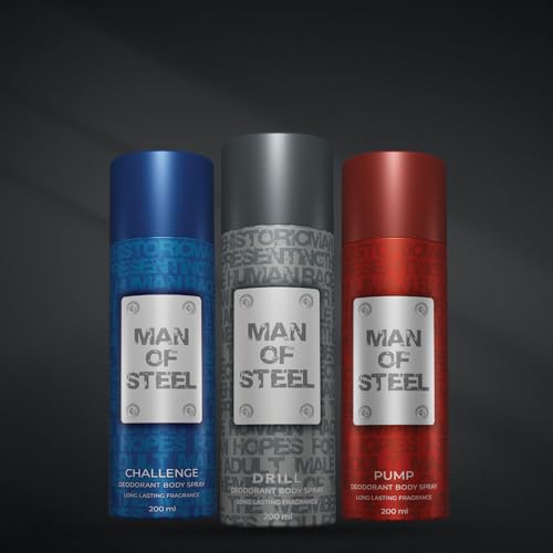 Image of Denver MAN OF STEEL Drill Deodorant Body Spray - 200ML Each, Pack of 3 | Deodorant For Men
