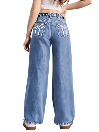 WDIRARA Girl's Bow Print Back Zipper Fly Elastic High Waist Denim Pants Basic Wide Leg Jeans Blue Pink 12Y