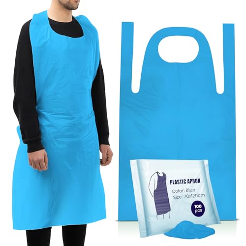 100 Disposable Aprons Blue Flat Pack Multipurpose Strong Waterproof Plastic Aprons in Bulk Sizes Quantity Ideal for Catering Cooking Clinics Hospitality & Workplace Protection.