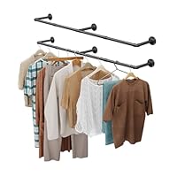 OROPY Industrial Pipe Clothes Rail, Set of 2, 167cm Wall Mounted Detachable Retro Metal Clothing Rail for Hanging Clothes, Heavy Duty Clothes Rail for Bedroom Storage, Black (3 Base)