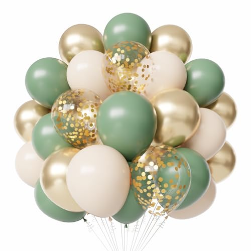 Sage Green Gold Latex Balloons 50pcs 12 Inches Sage green Sand White Metallic Gold Confetti Balloons with 1 Ribbon for Baby Shower Wedding Birthday Party Decorations