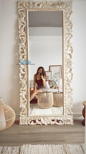 Image of Rectangular Wooden Carved Full Length Mirror Frame | Wall Mount & Floor Standing Frame for Living Room & Bedroom | White Distress Finish | 5 x 2.5 Feet | Mirror Not Included