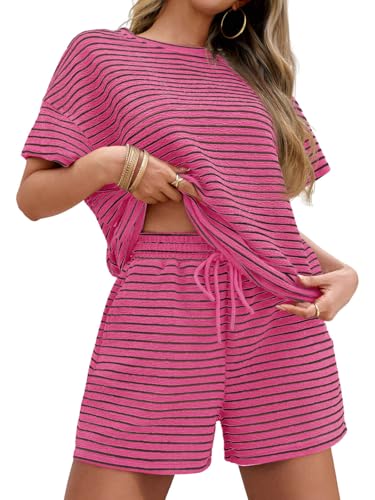 Image of Tankaneo Womens Pajama Sets Striped 2 Piece Lounge Sets Short Sleeve Oversized T Shirts Drawstring Shorts Matching Set