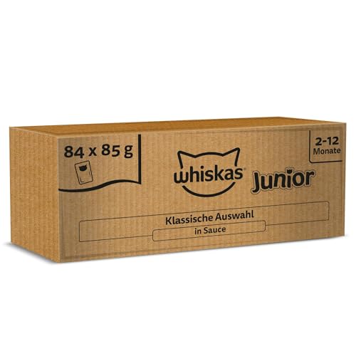 Whiskas Junior Katzennassfutter Klassische Auswahl in Sauce, 84 Portionsbeutel, 84x85g (1 Großpackung) – Hochwertiges Katzenfutter nass, für heranwachsende Katzen von 2 bis 12 Monaten