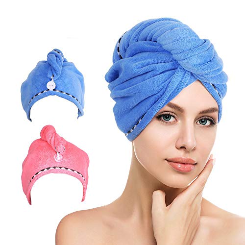 htovila Toallas de Baño 2 pcs Turbante con Botón del Abrigo de Pelo Secado Rápido de Microfibra Suave Absorbentes de Agua Pelo Seco Capucha Bañera Ducha para Todos los Tipos de Cabello y Longitudes