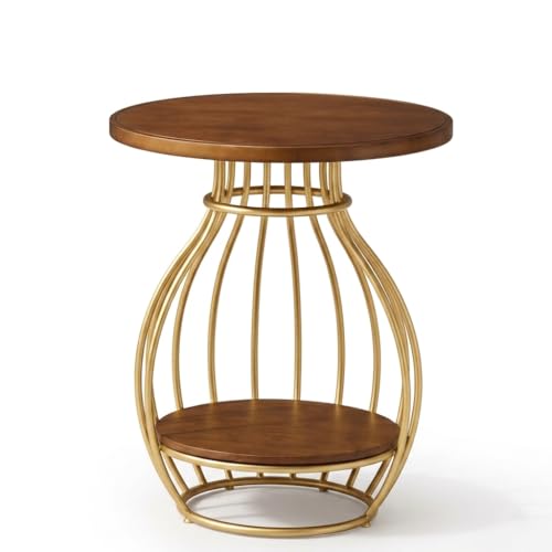 Image of Al Hama 2 Tier Coffee Table: Minimalist Nordic Style White Elegant Round Tables Tea Table Sturdy Metal Frame Corner Table Bedroom Bedside Table (Gold Brown)
