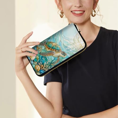 Image of Women's Wallets Credit Card Holder Money Leather Long Wallet | Long wallet with Wristlet,Large Capacity with Zip-Around Phone Purse for Women Ladies Girls,Sea Turtle Coastal