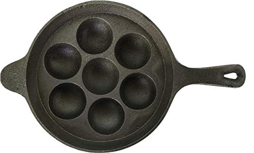 Image of Bharath Agencies Cast Iron 7 Cavity Appam Patra Kuzhi Paniyaram Pre-Seasoned Cast Iron Paddu Tawa with Handle, Black, Each Hole - 2 inch in Diameter