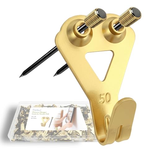 Image of Picture Hangers Heavy Duty, Extra Thick, 50 lb, Decorative Hanging Hooks Hardware for Drywall and Plaster Walls with Large Nailers and Nails, Painting, 40pcs, Gold