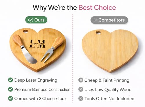 Tablero de corte con forma de corazón personalizado con utensilios – Juego de tablas de bambú grabadas a medida para parejas, bodas, aniversarios, Día de San Valentín, bienvenida al hogar y decoración de cocina miniatura 3