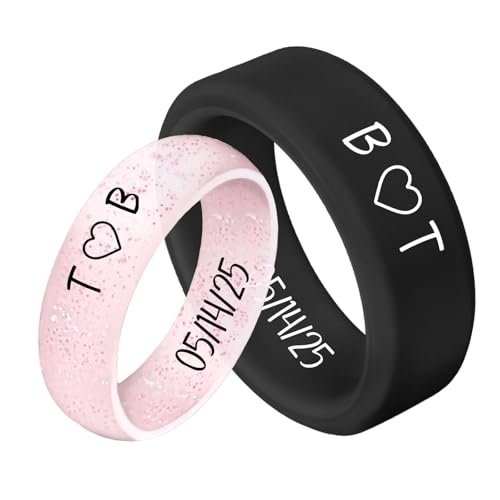 Personalized Silicone Wedding Bands for Couples 5MM+8MM Breathable Rubber Rings for Women Men Custom Promise Ring for Couple Engrave Silicone Rings for Him and Her, Anniversary Engagement Gifts
