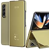 NINKI Compatible with Gold Samsung Galaxy Z Fold 4 Mirror Case with Kickstand Women Girls,Luxury Fli