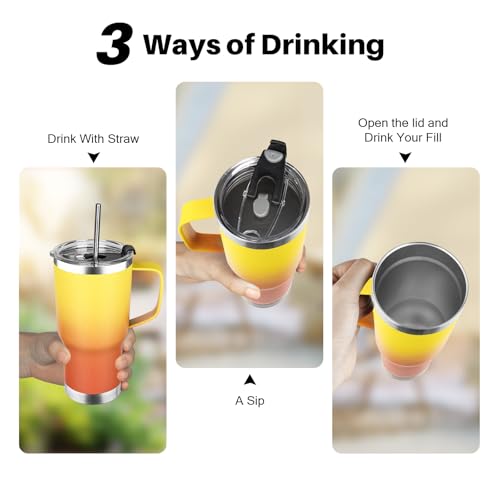Image of 20 oz Tumbler with Handle, Stainless Steel Insulated Tumbler with Lid and Straw, Double Wall Vacuum Coffee Mug Tumbler, Insulated Coffee Thermal Cup for Cold and Hot (Yellow Orange, 20 Ounces)