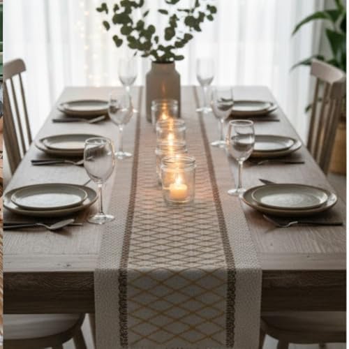 Image of HomeCloud Croshia Woven Table placemat - Heat Resistant, Washable Table Decoration for Dining, Office, Kitchen, Hotel, and Home (Runner Beige Boxes, Set of 2)