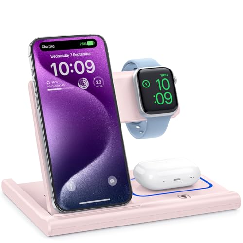 EXW Wireless Charger,3 in 1 Wireless Charging Station for iPhone 15/14/13/12/11/XR/X/8,Fast Wireless Charging Stand for Airpods Pro/3/2 and iWatch（Pink,Not Adapter)