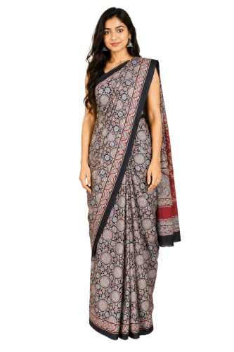Image of Ethnics of Kutch Womenss Ajrakh Modal Silk Natural Dye Hand Block Print Saree with Blouse Piece - 5.5 Mtr Length
