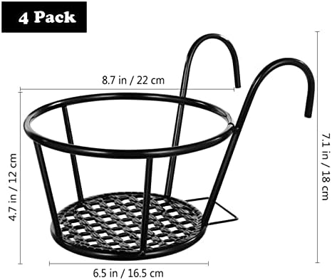 WAIZHIUA 4Pack Hanging Flower Pot Holder 22cm Round Balcony Hanging Railing Planters Basket Metal Plant Pot Holder for Balcony Porch Fence(Black)