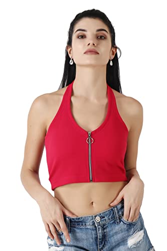 Image of POPWINGS Solid Casual Sleeveless Regular-Fit Crop Tops for Women with Front Chain| Crop Tops for Women Stylish Western Summer Wear