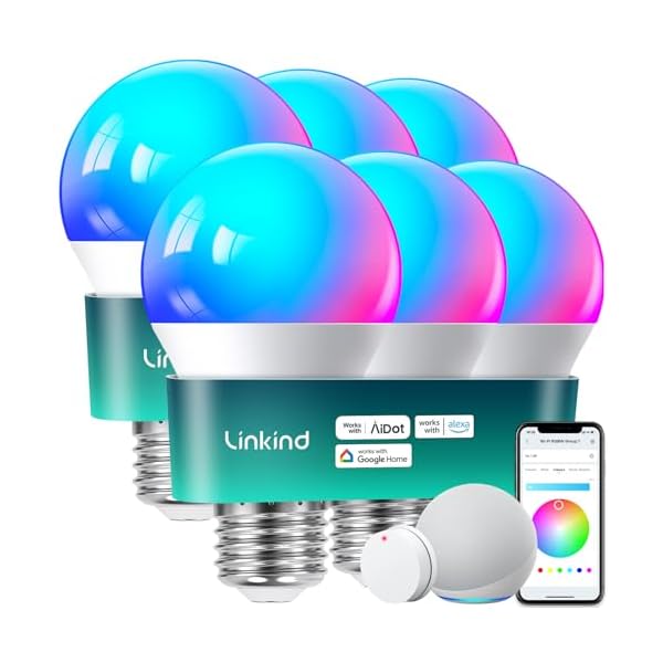 Linkind Smart Light Bulbs with Remote Control, Smart Bulb That Work with Alexa & Google Home, LED Light Bulbs Color Changing 64 Preset Scenes, A19 E26 2.4Ghz WiFi Light Bulbs Dimmable 60W 800lm 6 Pack