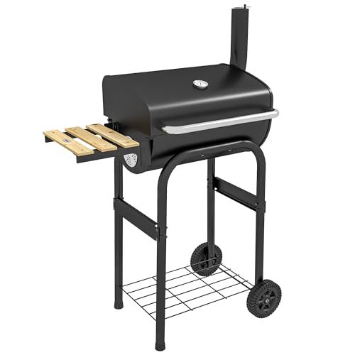Outsunny Parrilla de carbón con estantes, portátil, con ruedas, tapa, termómetro, chimenea para exteriores, jardín, fiesta, cocina, color negro