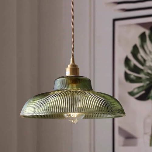 Luminaire suspendu laiton et verre vert vintage réglable pour îlot cuisine