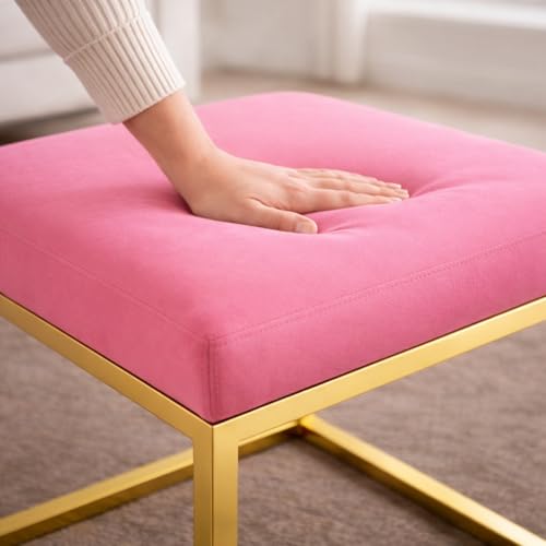 Image of Square Metal Ottoman /Sitting Stool /Living Room Furniture /Office, Velvet Footstool /Footrest Pouffes Home Decor (Set of 2 Pink) - 30.48 Cm, 38 Cm