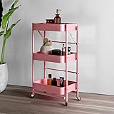 Carrito Para Manualidades De Metal, Carrito De Cocina Con Ruedas Carrito Con Ruedas De Cesta De 3 Niveles Estante De Almacenamiento De 132 Libras De Capacidad(Color:Rosado)