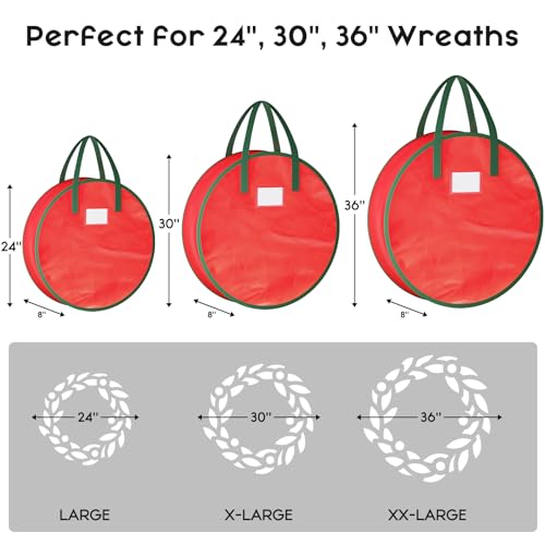 Criusia Wreath Storage Container, 2 Pack Christmas Wreath Storage Bag with Sturdy Handle, Two-way Zipper,Durable Wreath Storage Organizer Box for Holiday Decoration (Red, 24"x8") - image 2