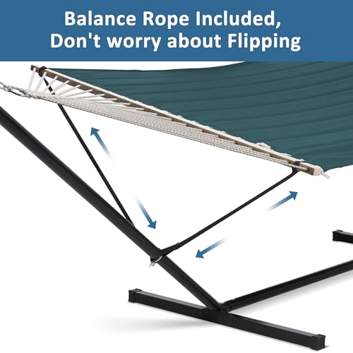 Image of SUNCREAT Hammocks Extra Large Double Hammock with 12 ft Stand for Outside, 475lbs Capacity, Outdoor Portable Hammock with Hardwood Spreader Bar, Extra Large Pillow, Dark Green