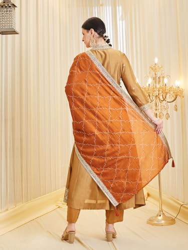 Image of MOKOSH Women's Silk Embroidery Anarkali Kurta Pant with Dupatta | Anarkali Kurta Set |Embroidered |V Neck Full Sleeve Ethnic Suit |3 Piece Outfit