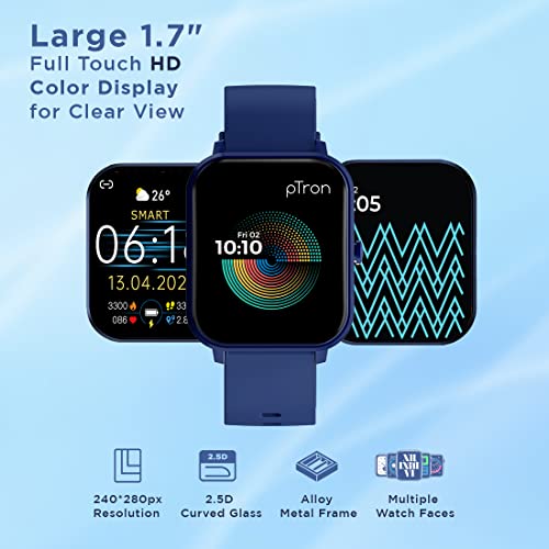 Image of pTron Force X11 Bluetooth Calling Smartwatch with 1.7 inch Full Touch Color Display, Real 24 /7 Heart Rate Tracking, Multiple Watch Faces, 7Days Runtime, Health /Fitness Trackers & IP68 Waterproof (Blue)