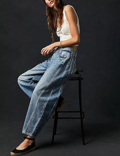 Womens Baggy Boyfriend Jeans Vintage Wide Leg Mid Rise Barrel Denim Ankle Pants Cropped Jeans,Blue,XX-Large4