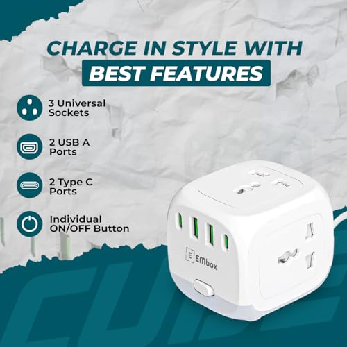 Image of Embox 20W Extension Board 5 Meter Cable | 2500W Extension Cord with 4 Universal Sockets & 6 USB Ports(3 Type A+3 Type C)| Extension Board with USB Surge Protector Safety Shutter LED Indicator