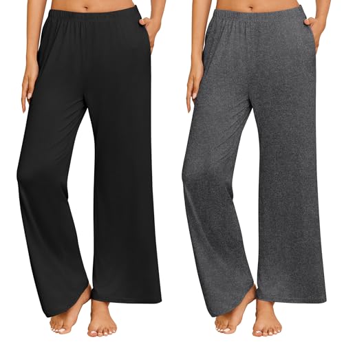 Ekouaer 2 Pack Women Pajama Pants Soft Casual Pajama Bottoms Comfy Wide Leg Sleep Pants Pj Bottoms with Pockets Black/Dark Grey M