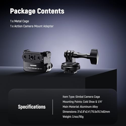 Image of NEEWER Pocket 3 Cage & Action Camera Adapter Compatible with DJI Osmo Pocket 3 and Action 2 Magnetic Mount, Aluminum Alloy Rig with 1 /4 inch Thread and Cold Shoe for Extension Accessories, AC009 Pro