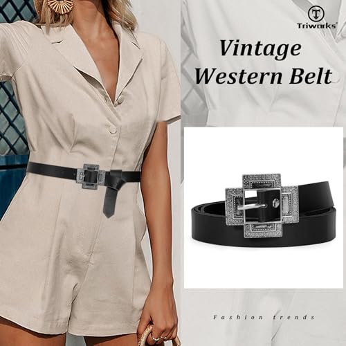Women Western Concho Leather Belt Cowgirl Boho Belt Chunky for Dresses Concert Festival,Black,Fit Waist 23"-25"4