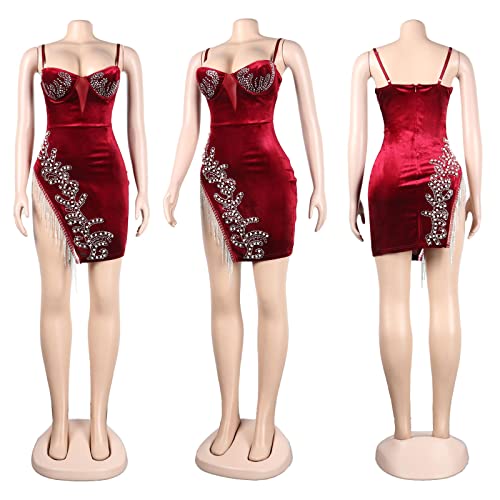 Yuopeid Women's Velvet Spaghetti Straps Sleeveless Dress Sexy Split Fringe Rhinestone Zipper Back Bodycon Mini Dresses3