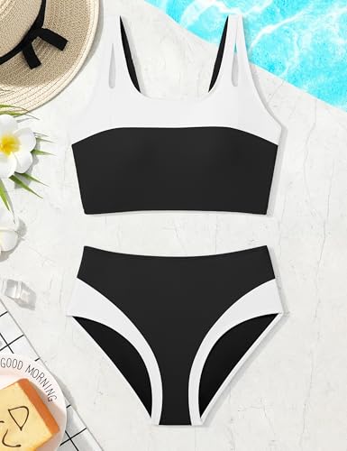 Image of Teen Girls Swimsuits V-Neck Bikini Set Bathing Suits Cross Straps Two Piece Swimwear with Drawstring