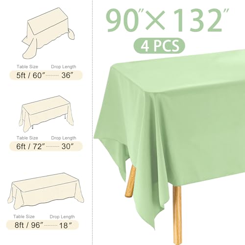 Image of 4 Pack Rectangle Tablecloth 90x132Inch Sage Green Washable Polyester Table Cover for Wedding Dining Table Buffet Parties Banquet Decoration