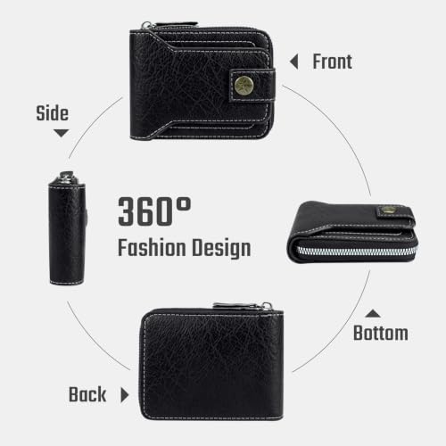 Image of Men Wallet, Vintage PU Leather Multi-Card Zipper Wallet with 8 Card Slots and Coin Pocket Large Capacity Buckle Credit Card Holder Wallet with Zipper (C, Black)