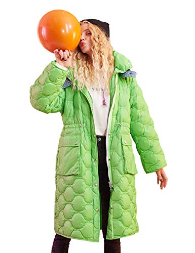 Elf Sack Woman Down Jacket, Geometric Patchwork Hooded Warm Coats Winter Loose Female Basics Outwears M Green