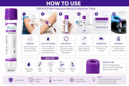 Image of Dr.Manya EDTA K3 Non-Vacuum Blood Collection Tube, 2ml Capacity, Purple Cap, Sterile Disposable Vacutainer for CBC & Hematology Testing, Pack of 100 - Mittal Meditech