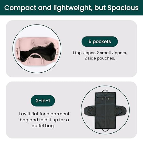 NOBL Travel Fold N Go Duffel Bag, 2-in-1 Convertible Garment Weekender Bag & Suit Carrier, Large Carry On Duffle Bag for Men & Women, Leather Overnight Bag with 2 Shoe Compartments - Pink2